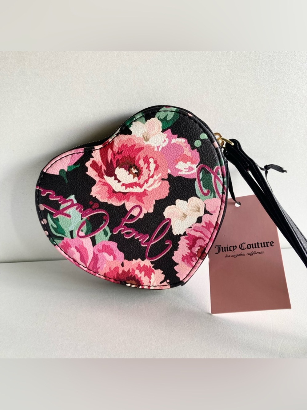 Juicy Couture Pink Floral Heart Wristlet with Black Bow - Picture 2 of 8